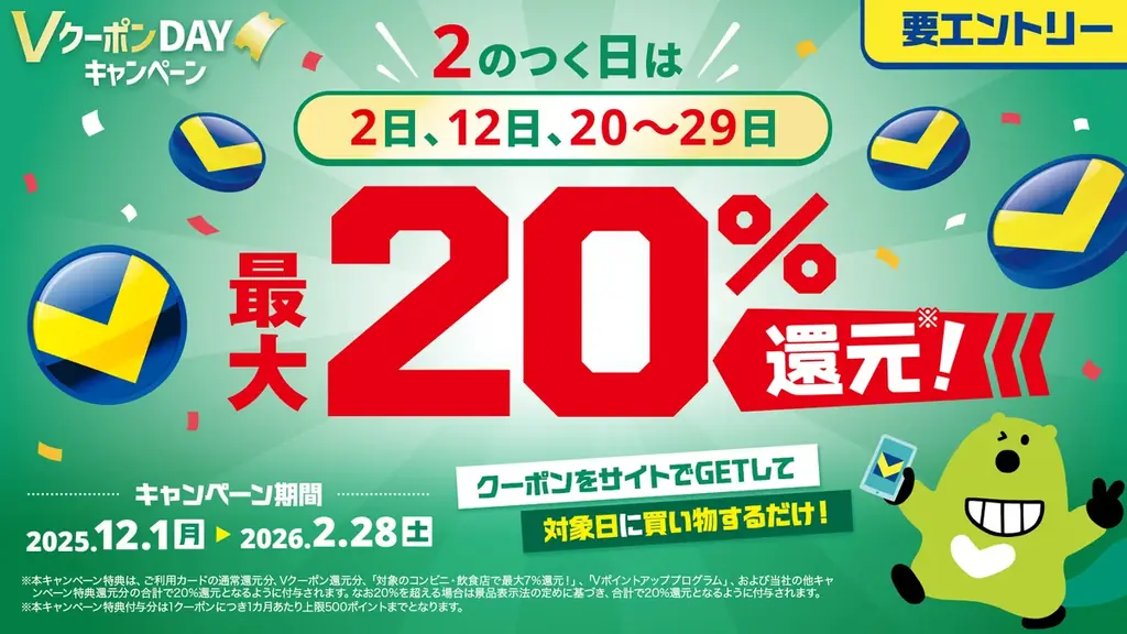 三井住友カード「2のつく日」VクーポンDAY、最大20％還元