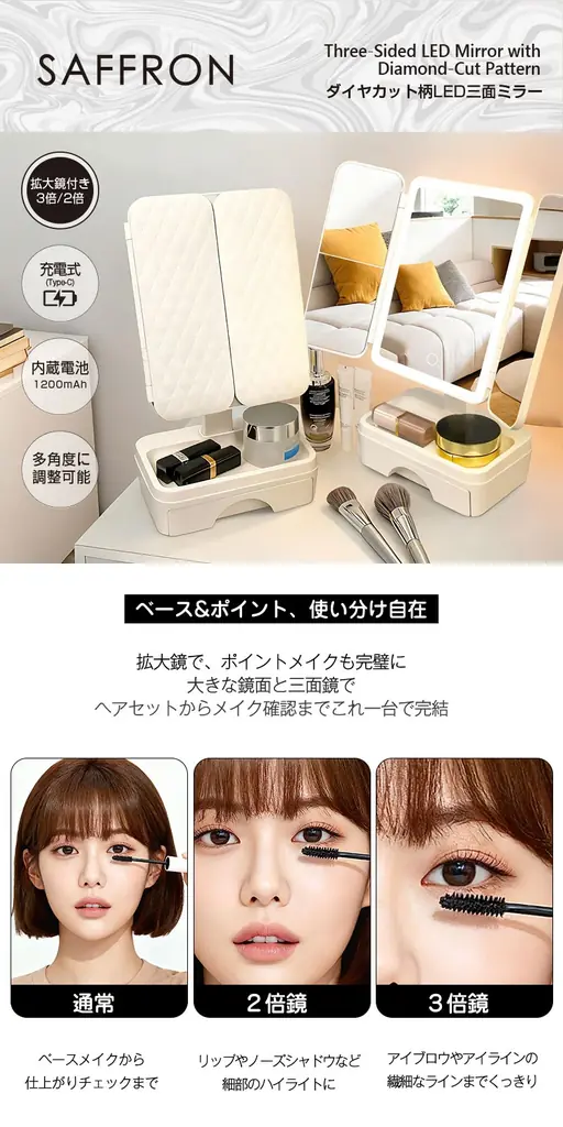 新発売!!普段使いに抜群の使いやすさ。ダイヤカット柄LED三面ミラー　HRS-2185 画像 2