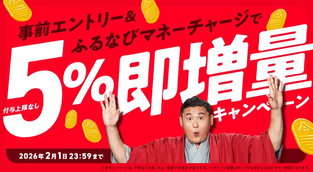 宿泊施設などで使える「ふるなびマネー」を提供開始！『5%即増量！付与上限なし！サービス開始記念！ふるなびマネー即増量キャンペーン』も開催 画像 2
