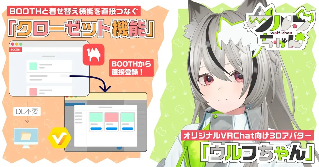 BOOTHとVRoid Studioがライブラリ連携、購入したVRChat向け3Dアイテム等を呼び出せる「クローゼット機能」を公開！～VRChat向け3Dアバターモデル「ウルフちゃん」無料配布も開始～ 画像 1