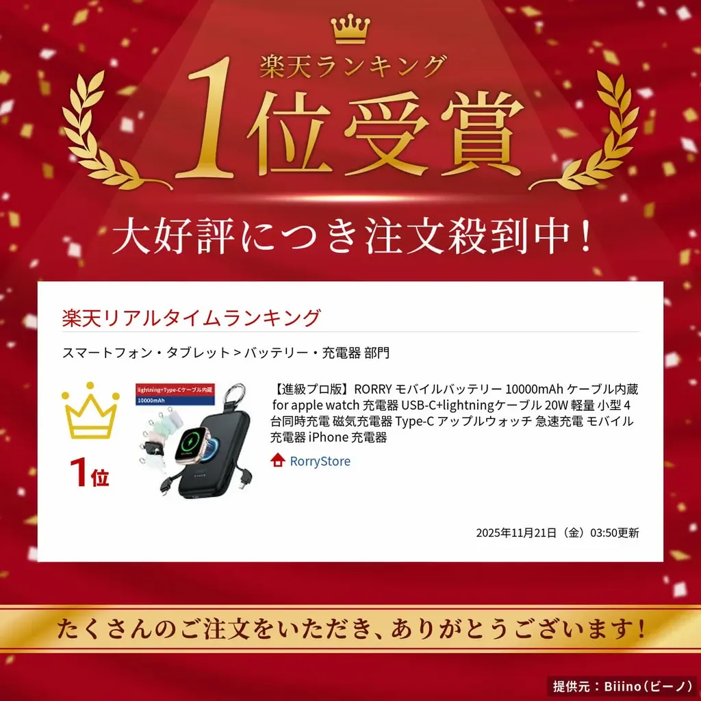 【楽天SS 今夜20時開幕！】RORRY最大50%OFF！人気モバイルバッテリー・3in1充電器・AppleWatchバンド・充電式カイロが破格プライスで手に入るチャンス 画像 5
