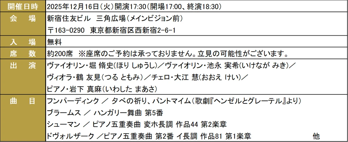 【入場無料】住友不動産グループ Presents 100万人のクラシックライブ「Christmas Special Night 2025」 開催！12月16日(火)新宿住友ビル 三角広場 画像 2