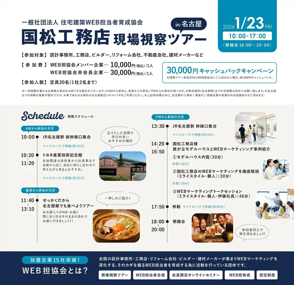 【WEB担必見】3年半でアクセス数15倍、問合せ数3倍を実現！ 「無人モデルハウス」の成功ノウハウと集客戦略を徹底解説！国松工務店 現場視察ツアー in 名古屋 2026年1月23日(金) リアル開催 画像 2