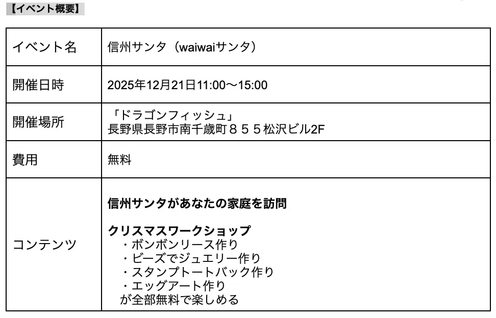12月21日。サンタが家にも、会場にもやってくる。信州サンタの家庭訪問＆無料ワークショップイベントを長野市で開催 画像 2