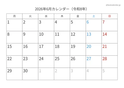 2026年6月月曜始まりカレンダー