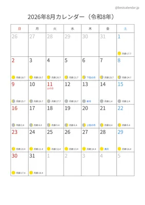 2026年8月月齢入りカレンダー 縦向き