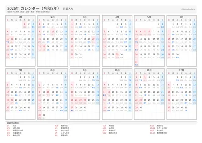 2026年 年間カレンダー 月齢入り